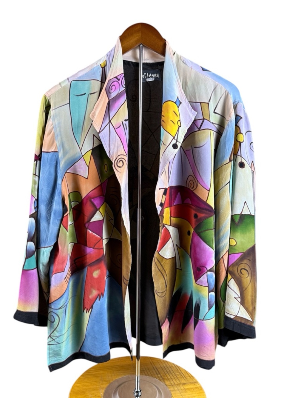 Dilemma Duhn Schroff Colorful Blazer Wearable Art Cubism Design Vtg 100% Silk OS